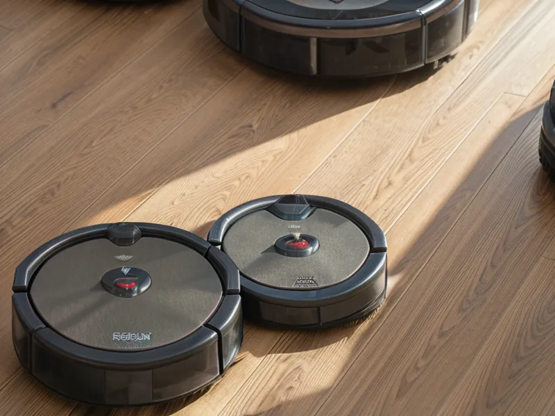 Close-up of robot vacuum wheels crossing a high wooden door threshold.