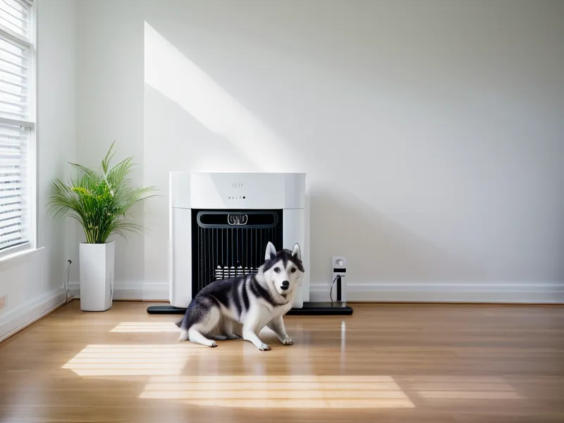 PuroAir HEPA 14 air purifier in a bungalow living room with a dog.