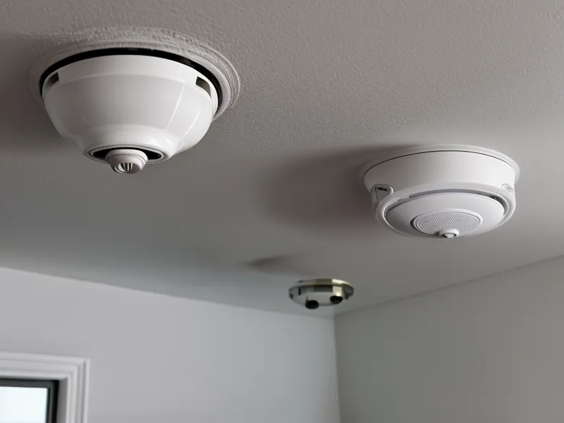 X-Sense smart smoke detector with a smartphone notification in a craftsman home.