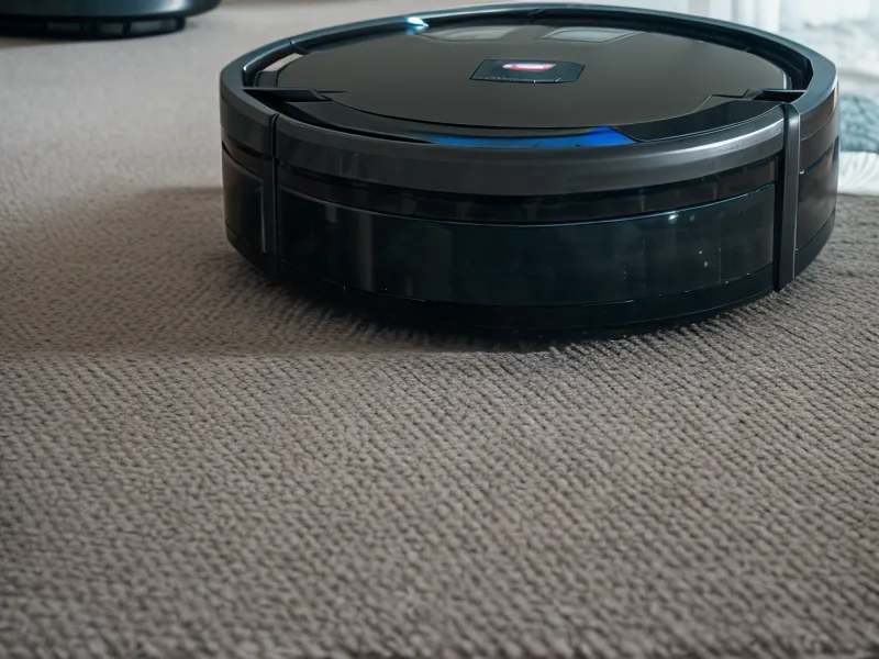 Close-up of a robot vacuum moving from hardwood floor onto thick plush carpet.