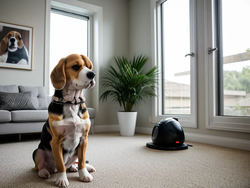 A senior beagle watching the Roomba j7 plus in a living room